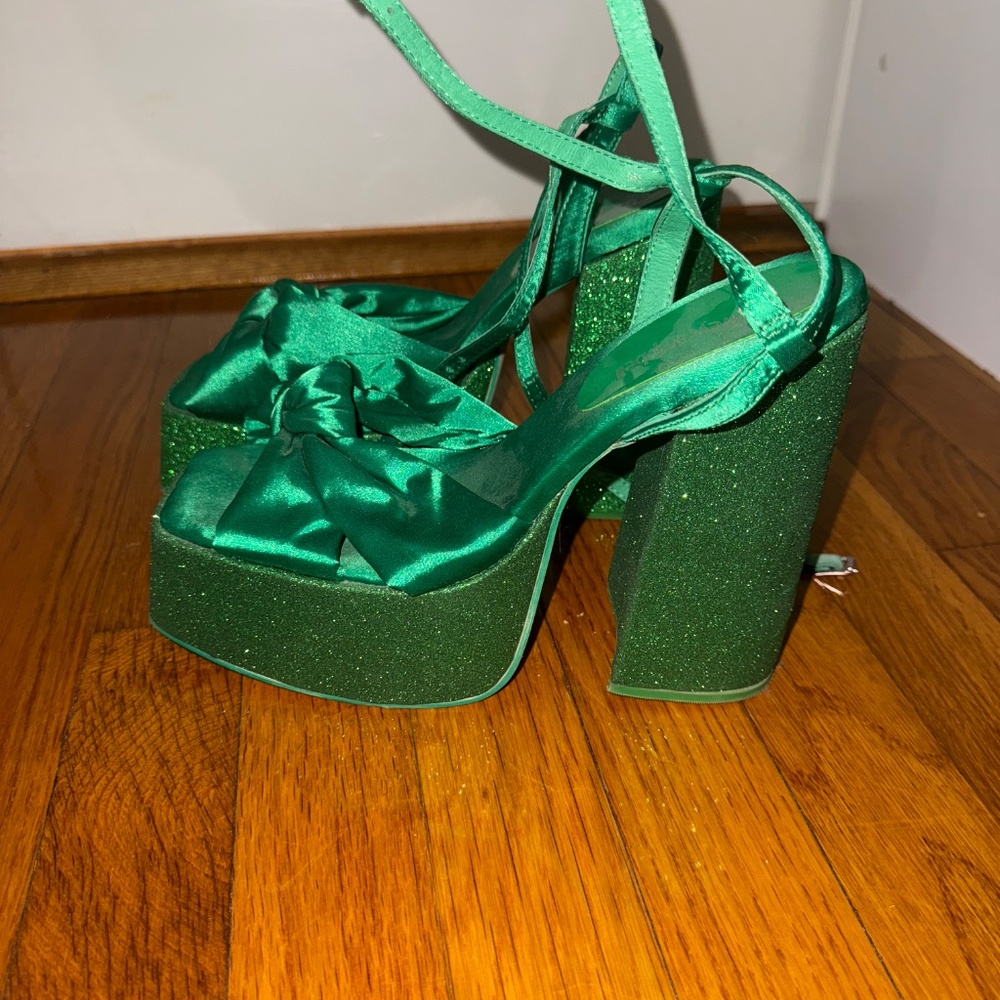 Jeffrey Campbell Green Satin & Glitter Platform Heels Never Worn - Picture 5 of 11